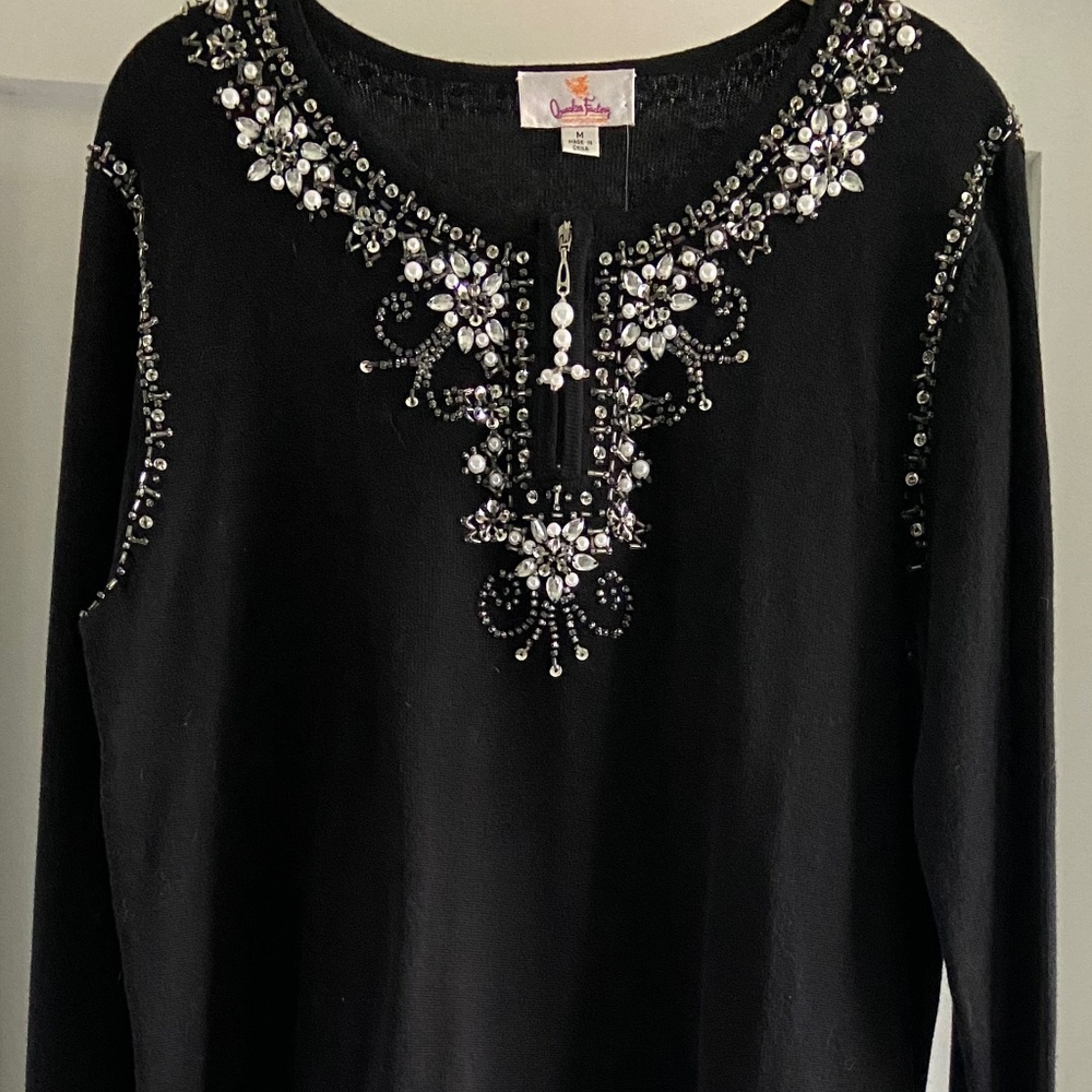 Quacker Factory Embellished Dressy Party Sweater with Pearls and Beading Medium